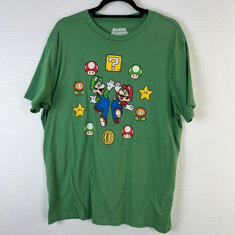 Super Mario Bros Luigi Mario Green‎ Graphic T Shirt Mens XL Nintendo Gaming